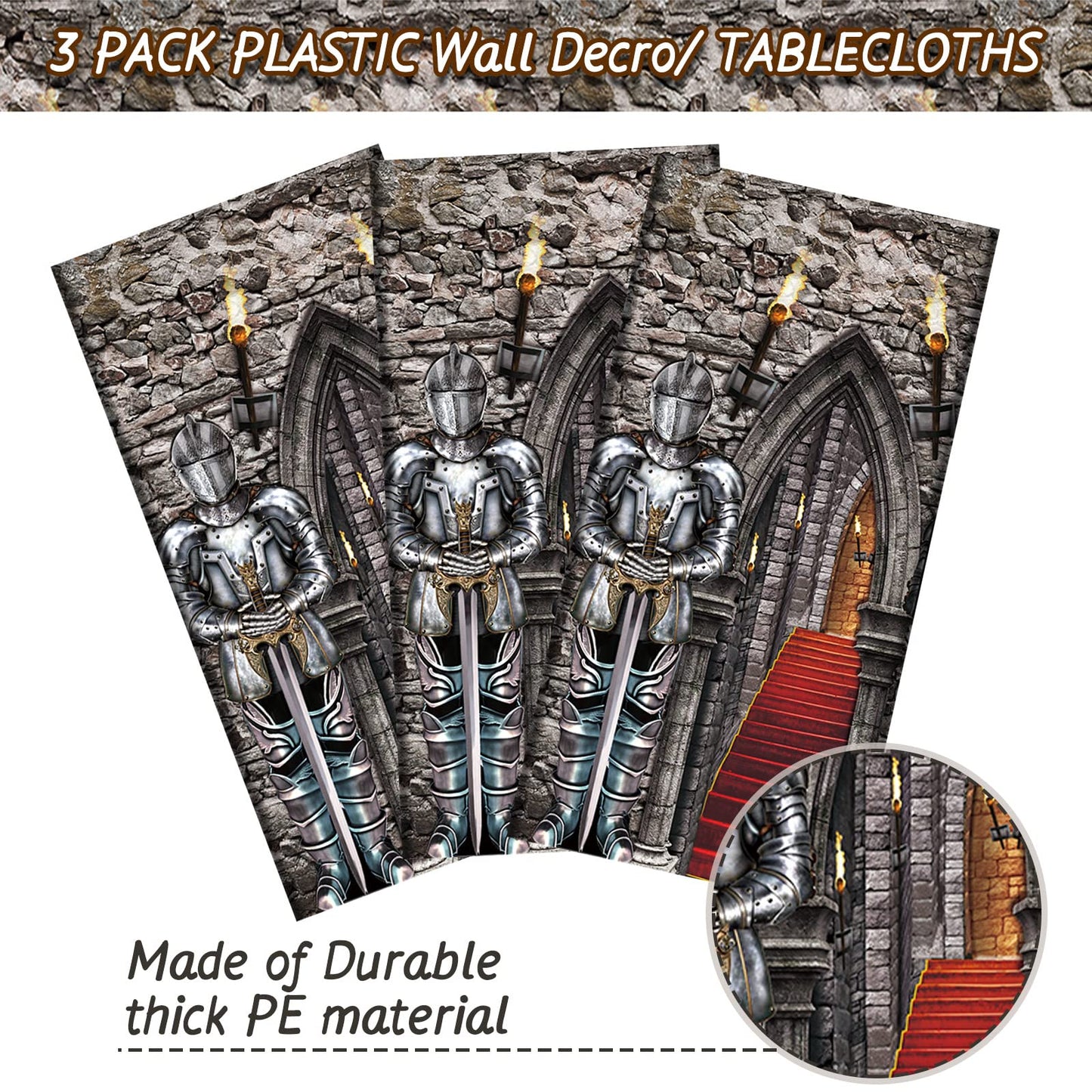 Tiamon Medieval Knight Photography Backdrop - Silver 3D Halloween Castle Entrance & Tablecloths - 3 Pack Party Decor