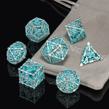 HNCCESG D&D Dice Set, Hollow Blue White Metal Grim Reaper Dice of 7 Piece,Polyhedral DND Dice Role PlayGaming for Dungeons and D