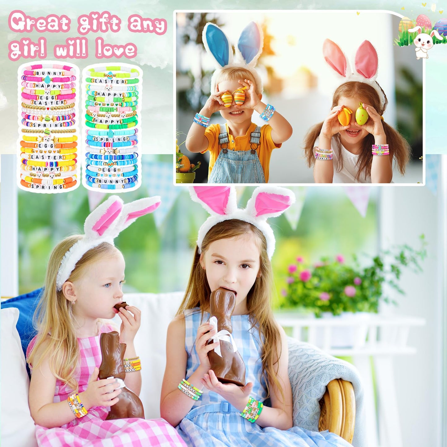 Landical 40 Pcs Happy Easter Bracelets For Women Colorful Stretch Egg Bunny Bracelets Easter Party Supplies