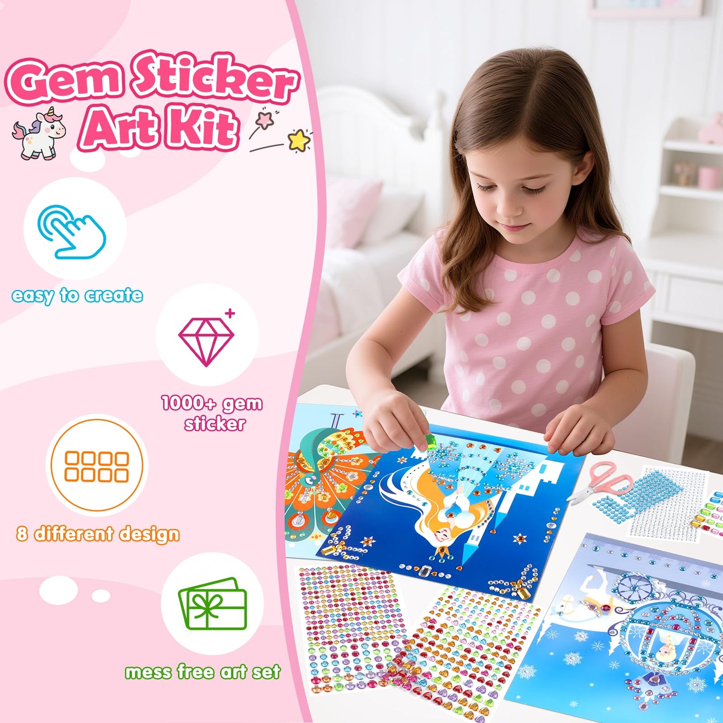 Fortand Gem Art Sticker Kit for Kids, 9x9 Inch, Pink-Unicorn, 8 Unicorn Themes, Crafts for Ages 4-12, Ideal Christmas Birthday Gift