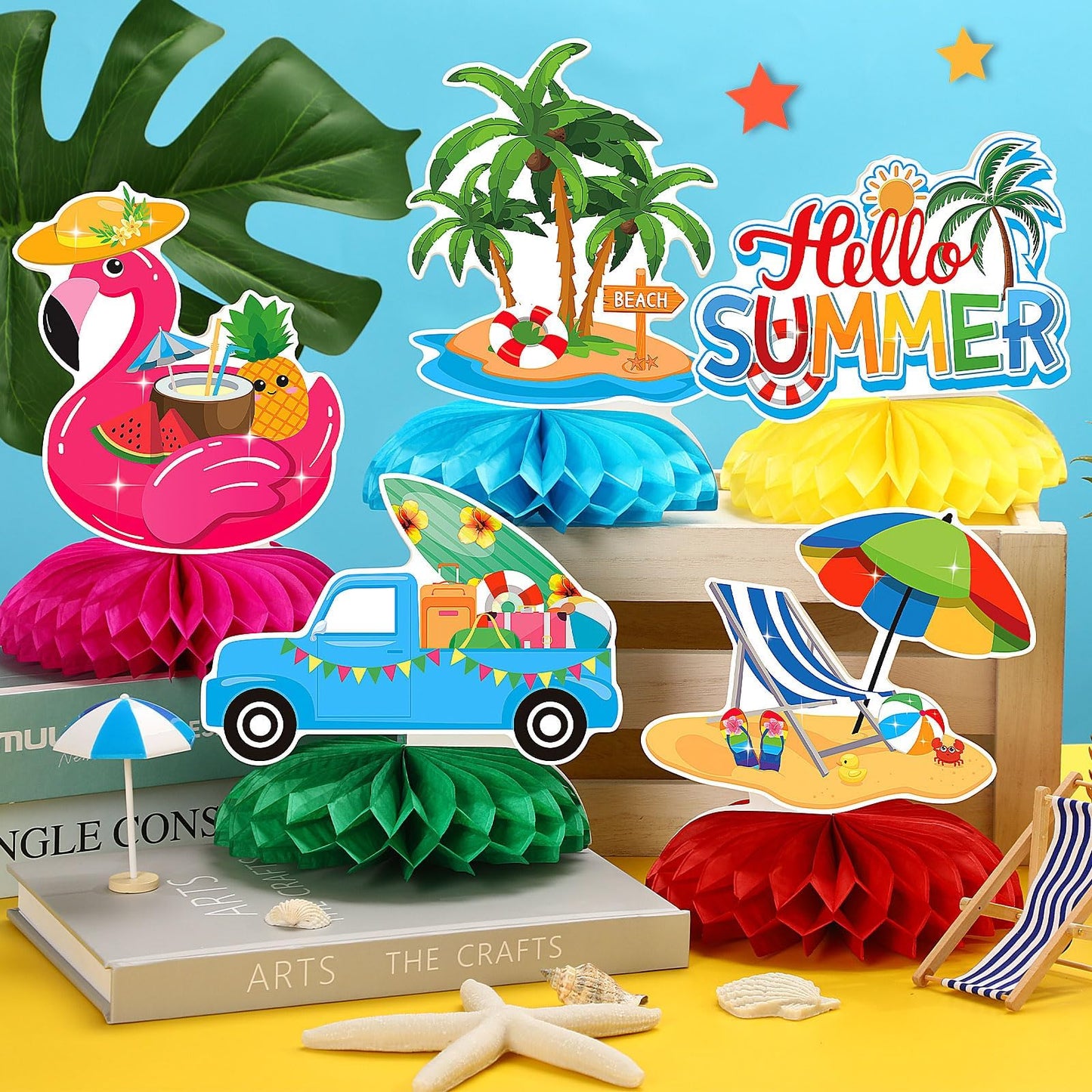 JULMELON 8PCS Summer Party Decorations Honeycomb Centerpiece, 3D Double Side Summer Beach Pool Party Table Toppers for Hawaiian