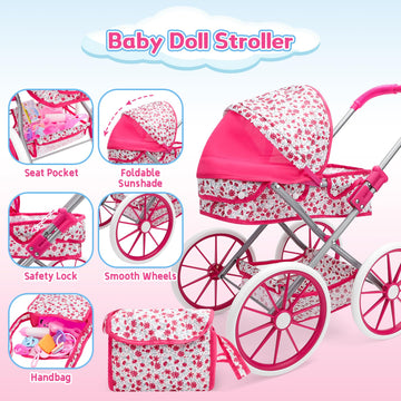 deAO Baby Doll Stroller Set High Chair Travel Diaper Bag with 12 inch Baby Doll Accessories Pretend Play Toys with Foldable Stro