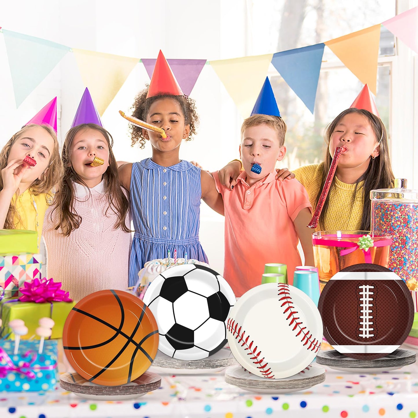 ZOIIWA 80Pcs Sports Themed Birthday Party Supplies All Star Plates Baseball Football Soccer Basketball Dinnerware Plates Superst