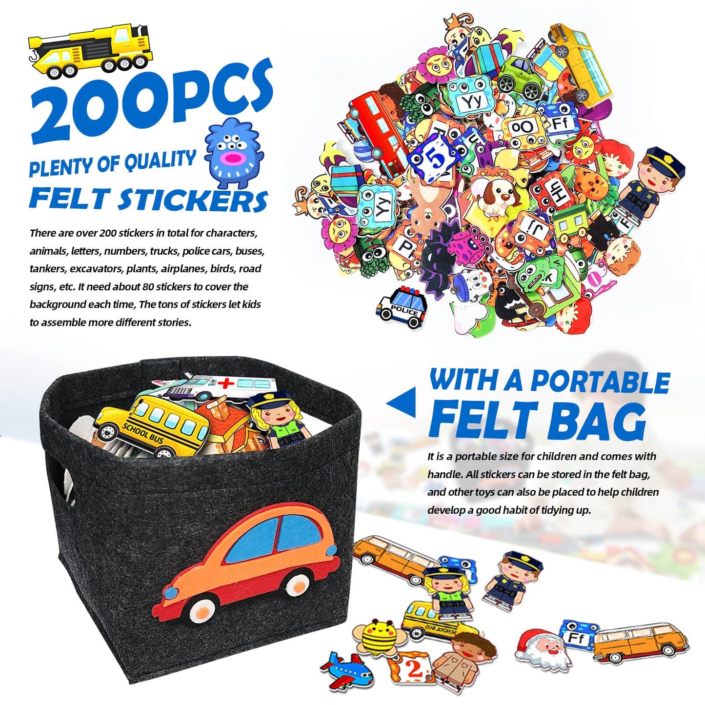 200 PCS Felt Board Story Set for Toddlers with Storage Bag City Traffic Themed Flannel Sensory Board Wall Interactive Storytelli