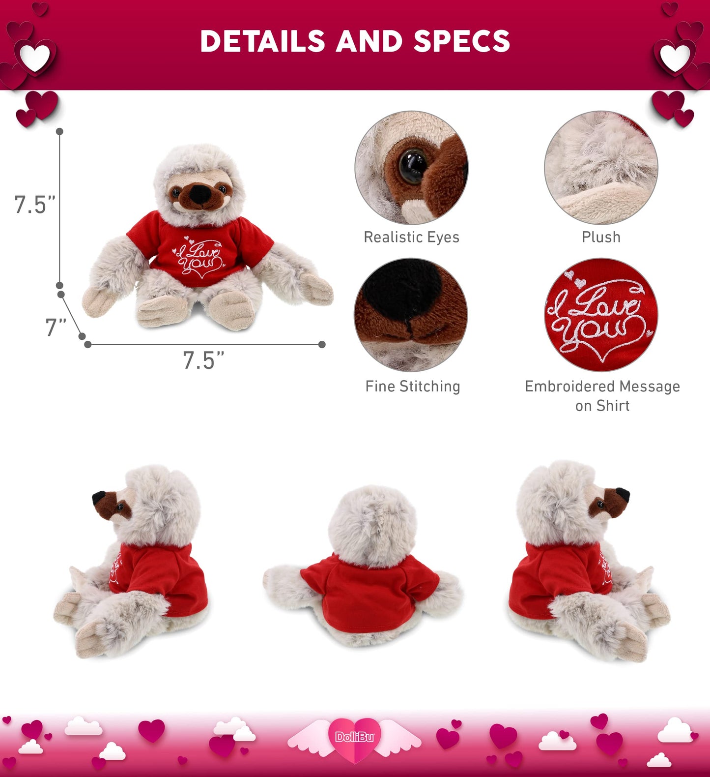 Dollibu I Love You Valentine Plush Sloth - Cute Soft Cuddly Stuffed Animal With Red Heart Shirt For Valentines Day, Birthday Pre