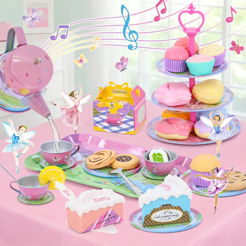 Tea Party Set for Toddles 3-5,53PCS Musical Kids Tea Set for Little Girls with Dessert,Cookies,Doughnut,Cake,Cake Stand,Tableclo