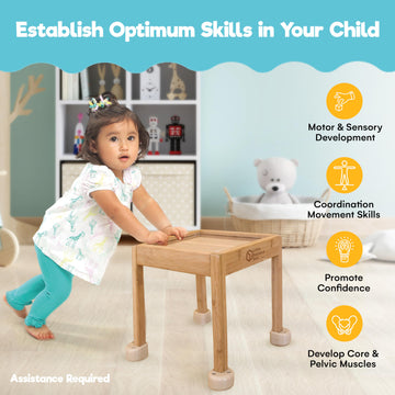 Little Balance Box, Best Push Pull Walker Toy, 2-In-1 No Wheels Spring Feet, Wooden Walker, Girl Boy Toddler Walker Push Stand Toys, Toddler, Child Activity Table (Beige + Booties)