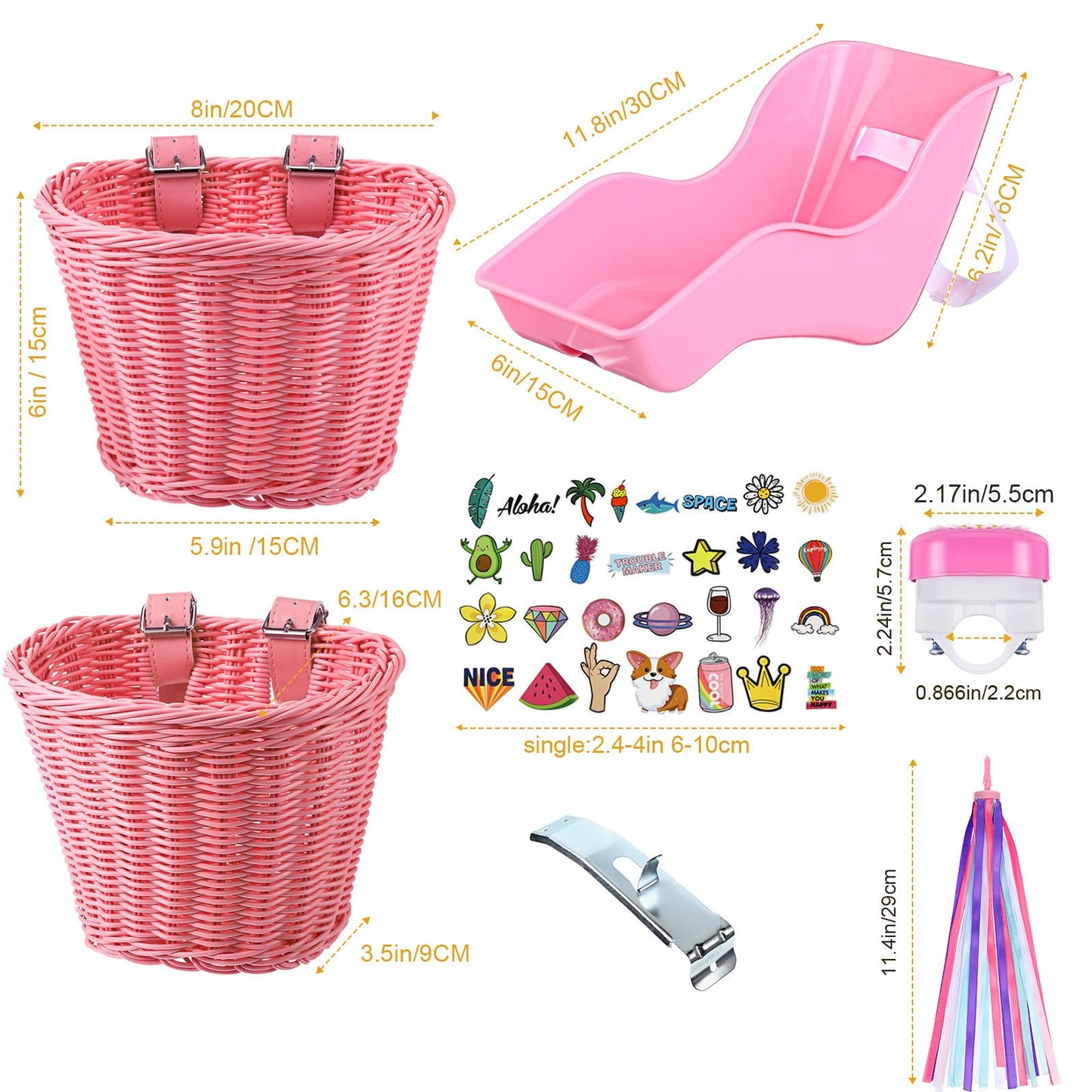 Aurelema Doll Bike Seat With 30 Pcs Stickers Decals Bike Basket For Kids Bike Handlebar Streamers Colorful Ribbons Tassel Daisy