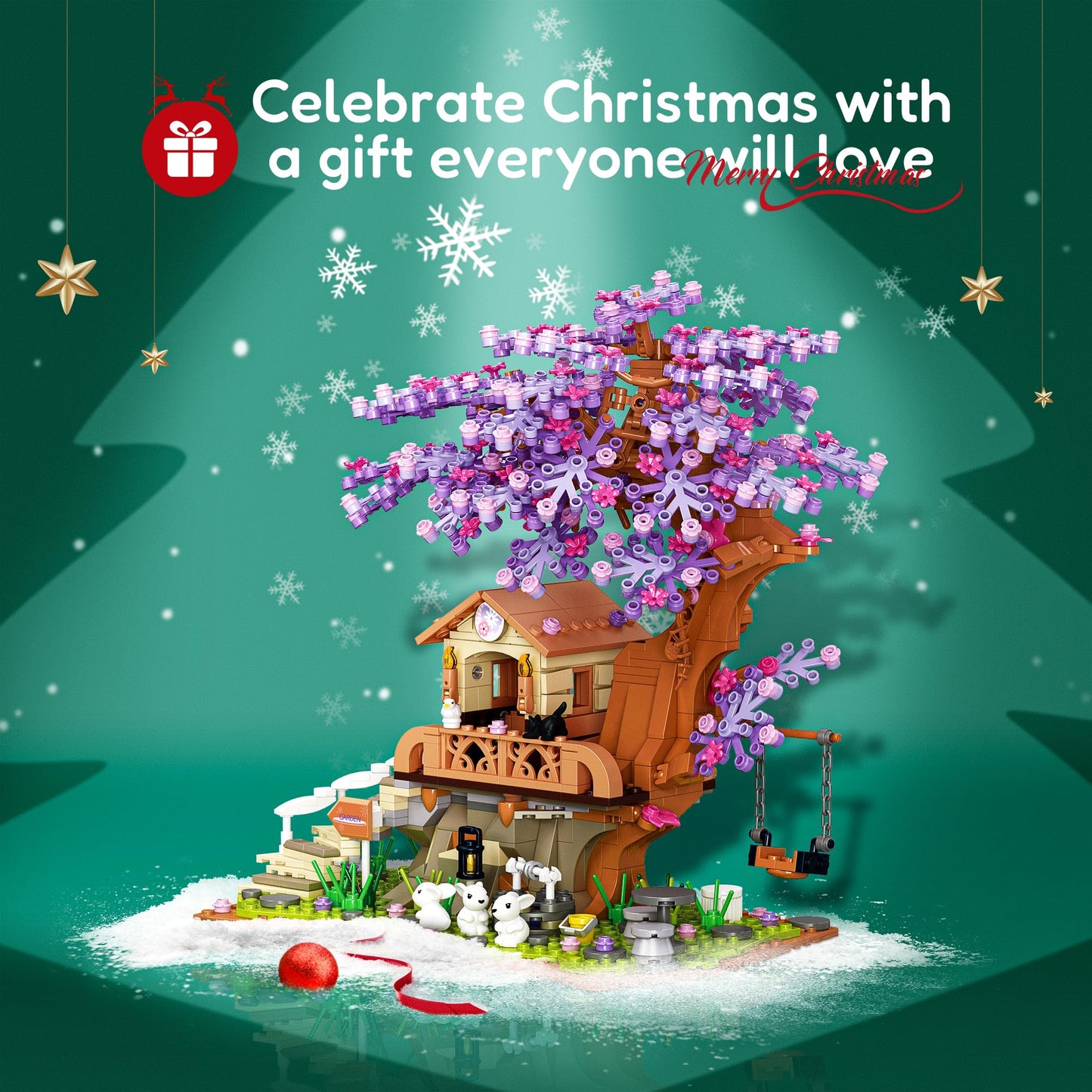 Jojo&Peach Cherry Blossom Garden Building Set With Led Light, Friends Flower House Bonsai Tree Model Sets For Kids, Easter Gift