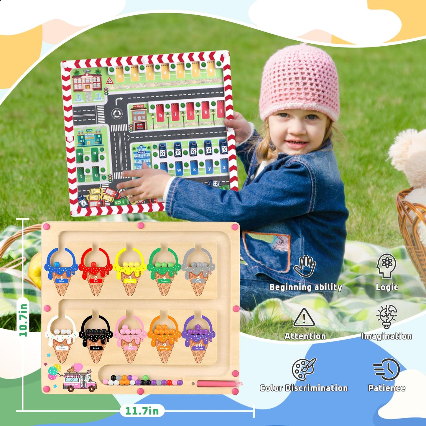 Wakeinsa 2 In 1 Magnetic Color And Number Maze,Montessori Toy For 3-6 Years Old,Wooden Magnet Balls Puzzles,Toddler Busy Board Game,Preschool Learning Activities,Christmas & Birthday Gift For Kids