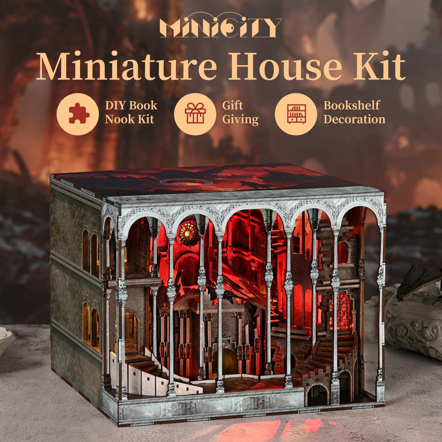 MiniCity Book Nook Kit DIY Miniature House Dollhouse Kit for mature-themed and Teens Booknook Bookshelf Decor Castle Model Build with LED Light Gifts for Family and Friends (Ember Castle)