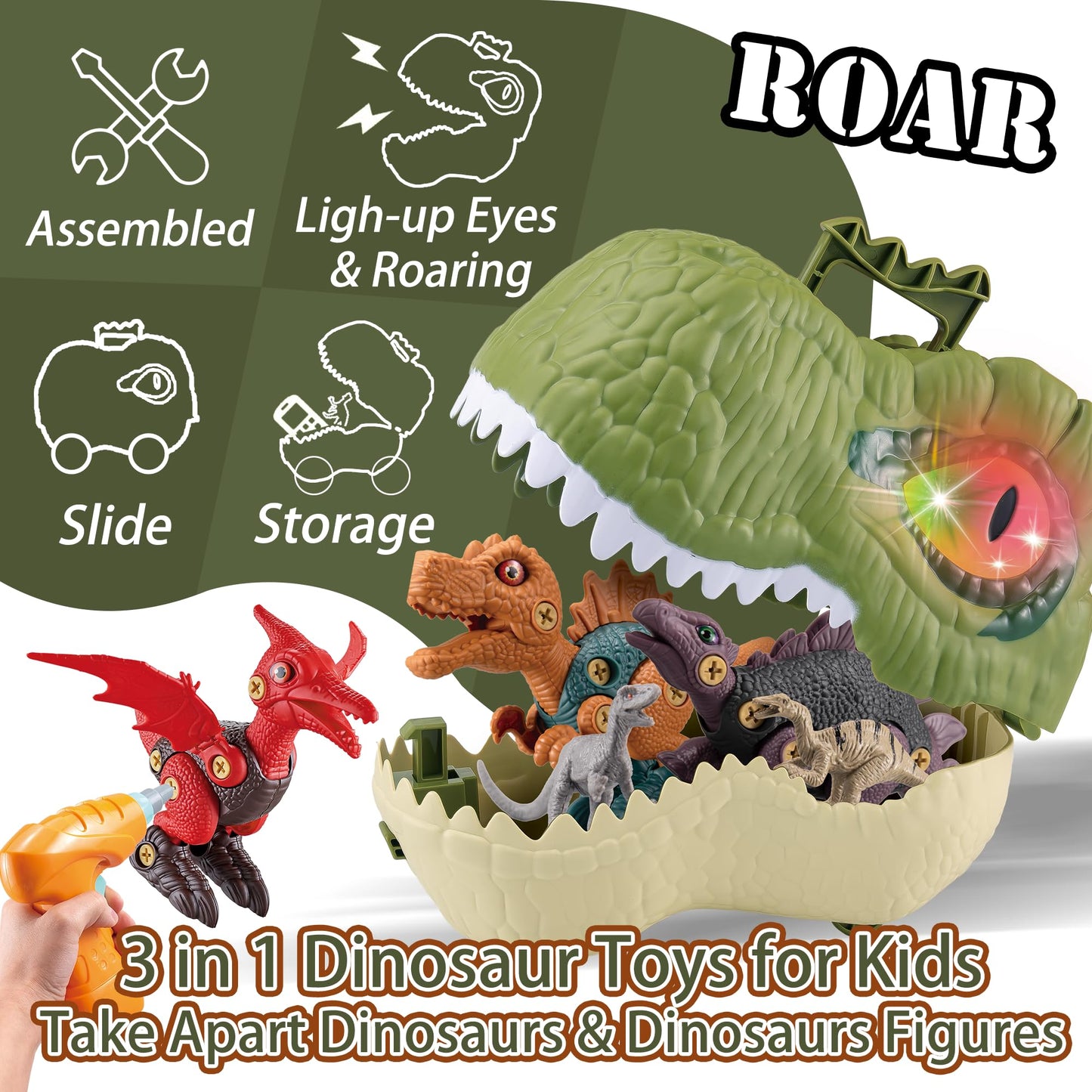 Diy Dinosaur Toys Gifts For Kids 3-5-7, 12 Realistic Dinosaurs Figures & 3 Sets Take Apart Stem Construction Building Toys With Electric Drill,Xmas Stocking Stuffer Toys For 3 4 5+ Year Old Boy Girl