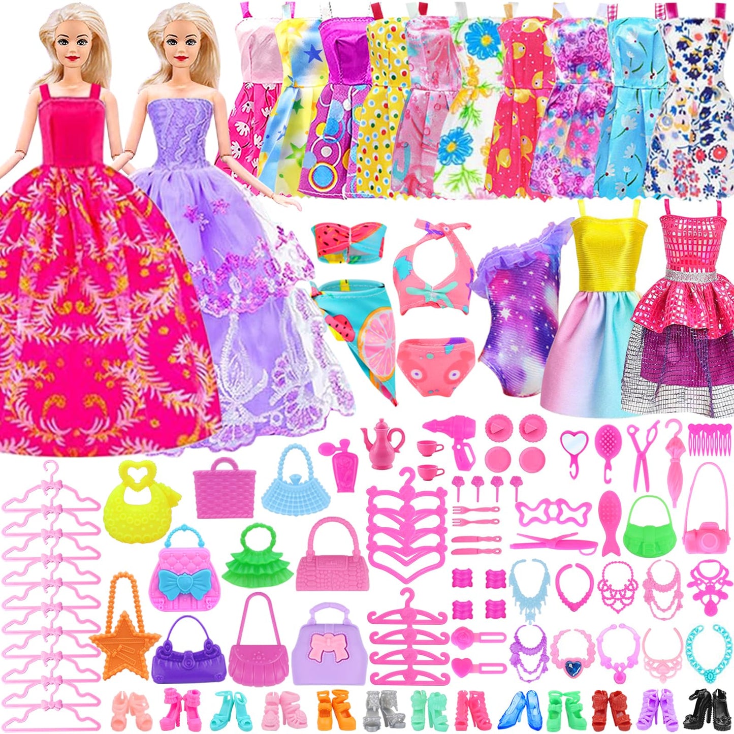 Ecore Fun 108 Pcs Doll Clothes And Accessories With Purple Doll Closet For 11.5 Inch Doll, Girl Doll Dress Up Including Party Dresses Fashion Dress Outfits Swimsuits Shoes Hangers Bags Necklaces