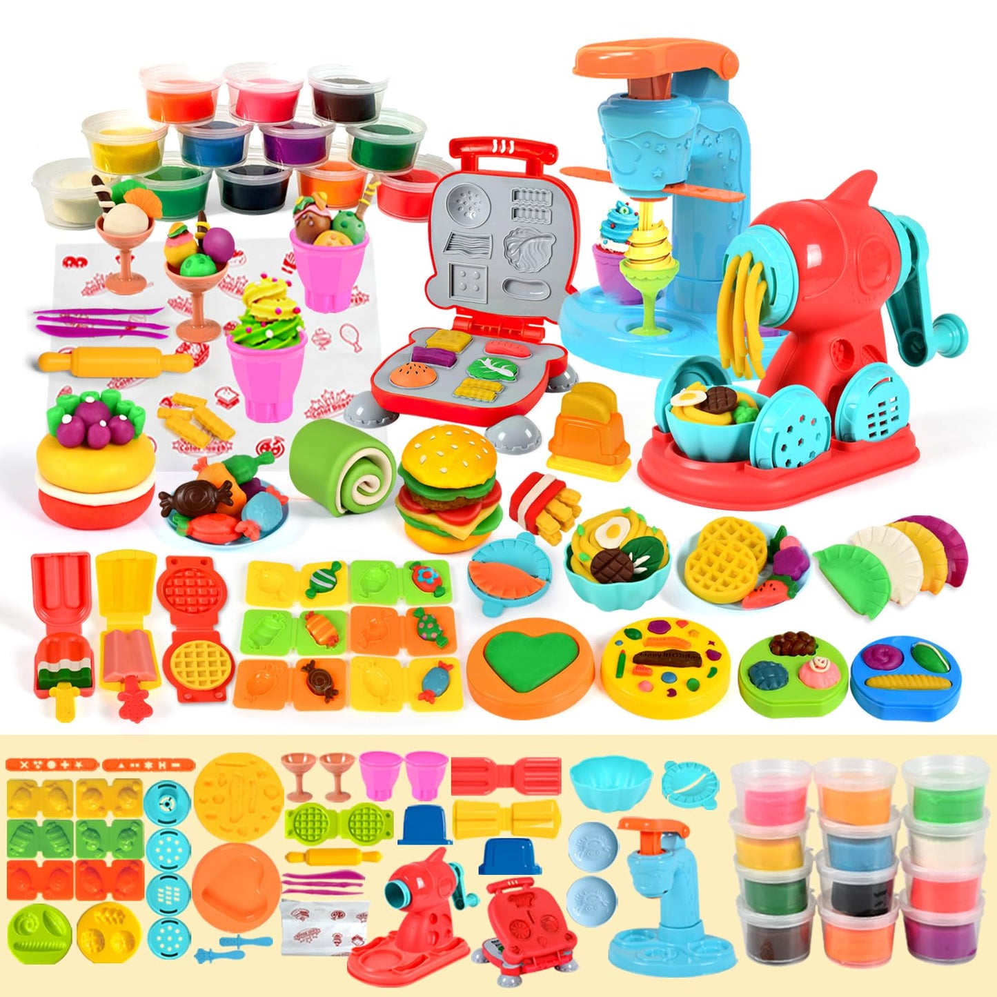 Aprilwolf 59 PCS 3 in 1 Dough Sets for Kids Ages 2-4-8, Art Crafts Dough Tools Kit, Ice Cream Playset Noodle Hamburger Maker Mac