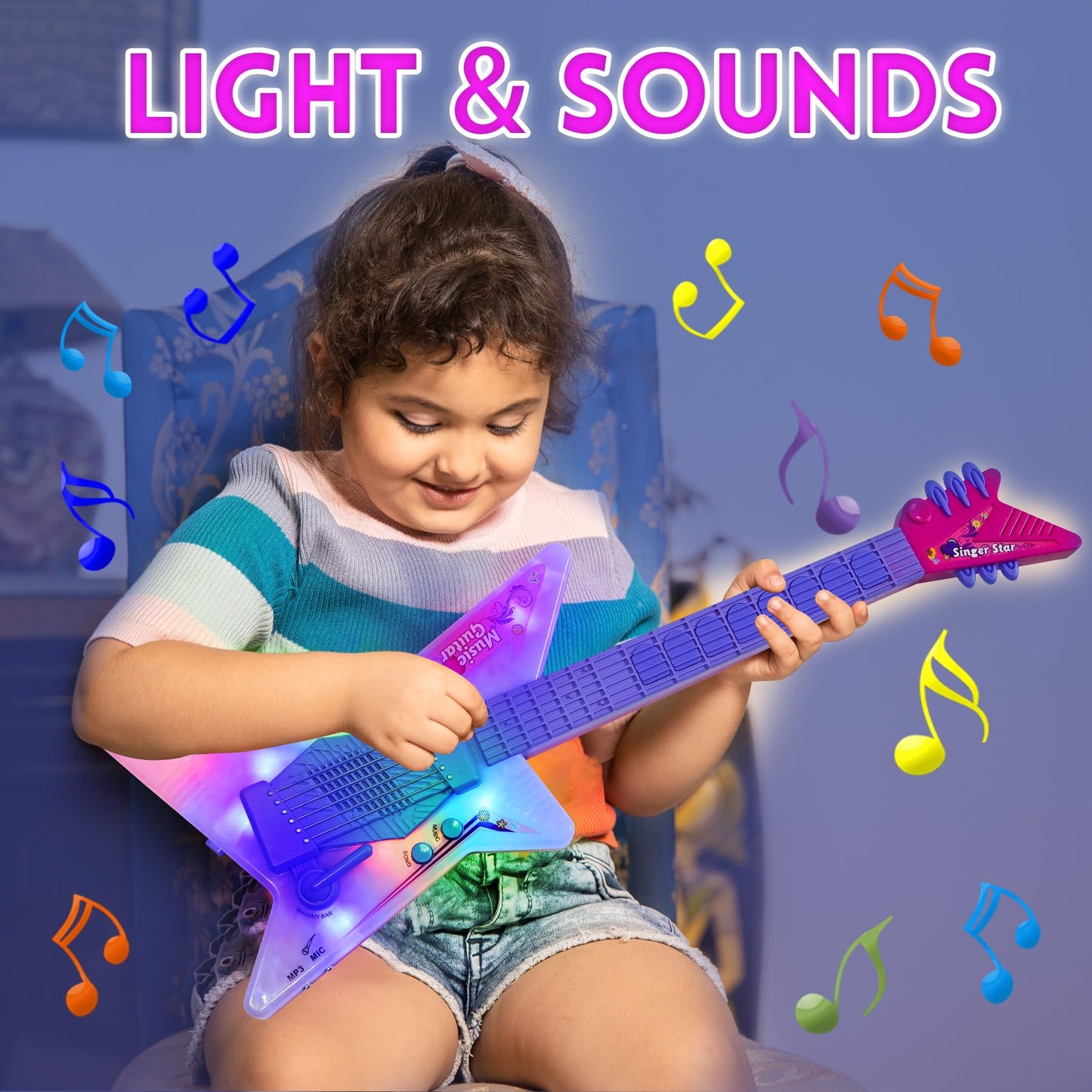 Guitar And Microphone Play Set For Girls,Kids Music Toys,Karaoke Machine With Music&Light,Music Instruments For Toddlers,Educati