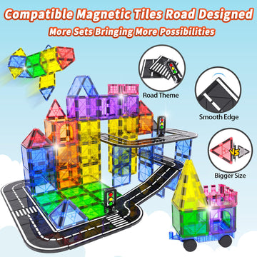 Magnetic Tiles Road Set With Car Kits, Magnetic Building Blocks Sensory Toys For Kids Ages 3-5 4-8, Stem Educational Toddlers To