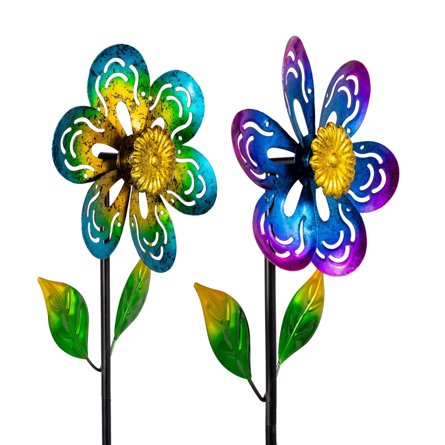 Viveta 2 Pack Wind Spinners,Flower Garden Sculpture, Metal Windmill, Green And Purple Pinwheels For Yard Lawn Patio Decor