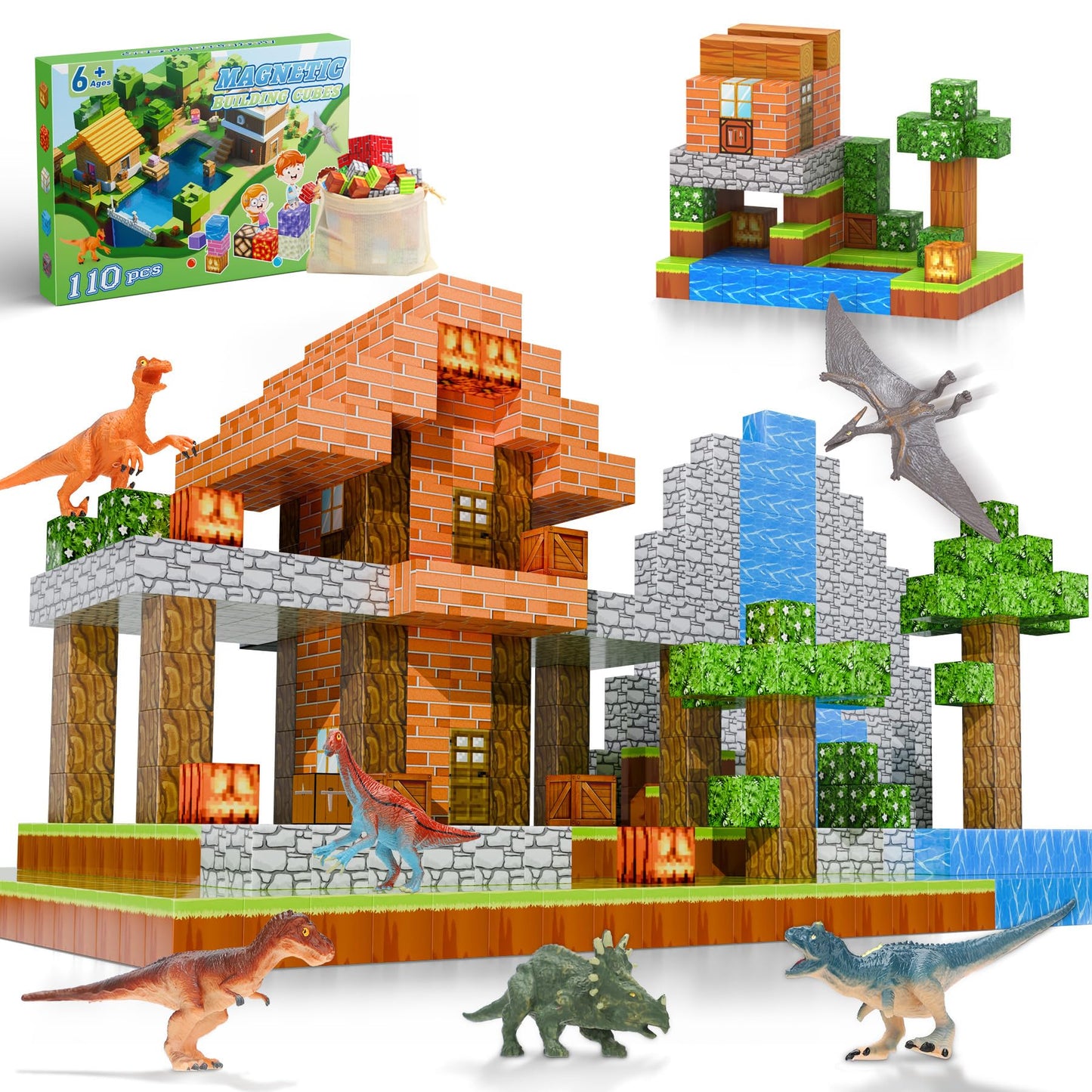 Dulsaera Magnetic Blocks 110Pcs With 6 Animal Toys, Punpkin Building Blocks Set, Toys For Boys & Girls Age 6-8, Stacking Buildin