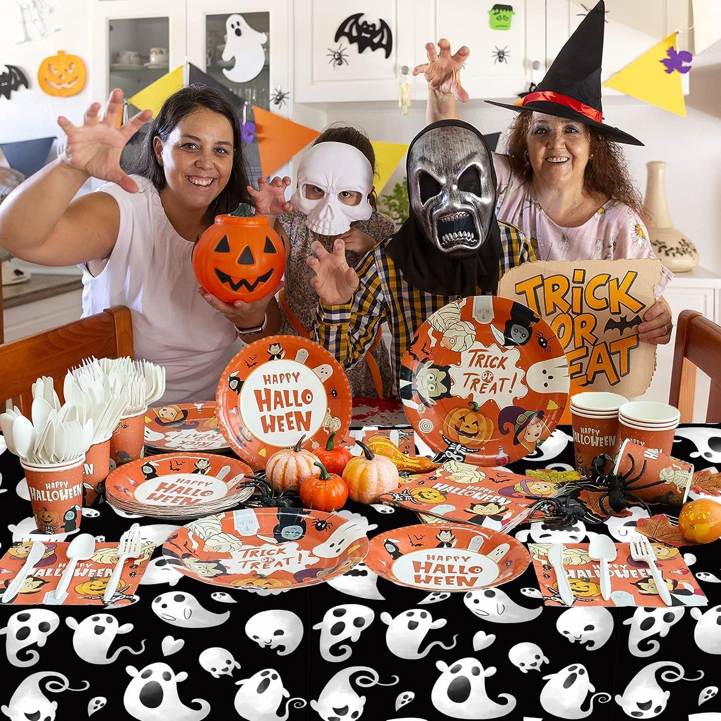 ATFUNSHOP Halloween Tablecloth Plastic 4PACKS 54 X 108 Rectangular Ghost Disposable Table Cover Waterproof Spillproof Table Clot