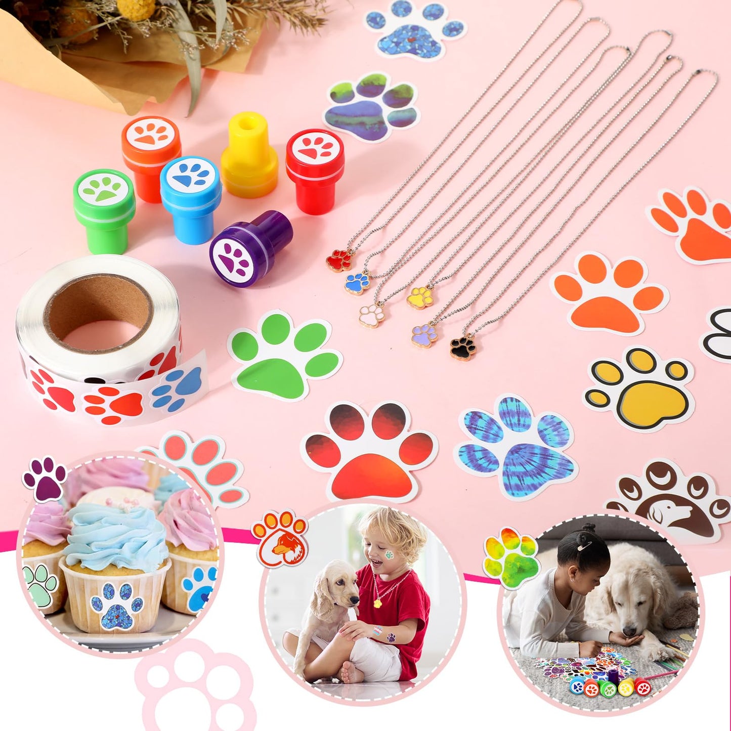 Gejoy 178 Pcs Dog Paw Party Favors, Set Including Straws Cups Silicone Bracelet Keychain Stamper Sticker Pendant Chain Thank You