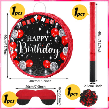 Sinmoe Birthday Piata with Stick Blindfold and Confetti for Boys Girls Men Women Birthday Party Supplies(Red and Black)