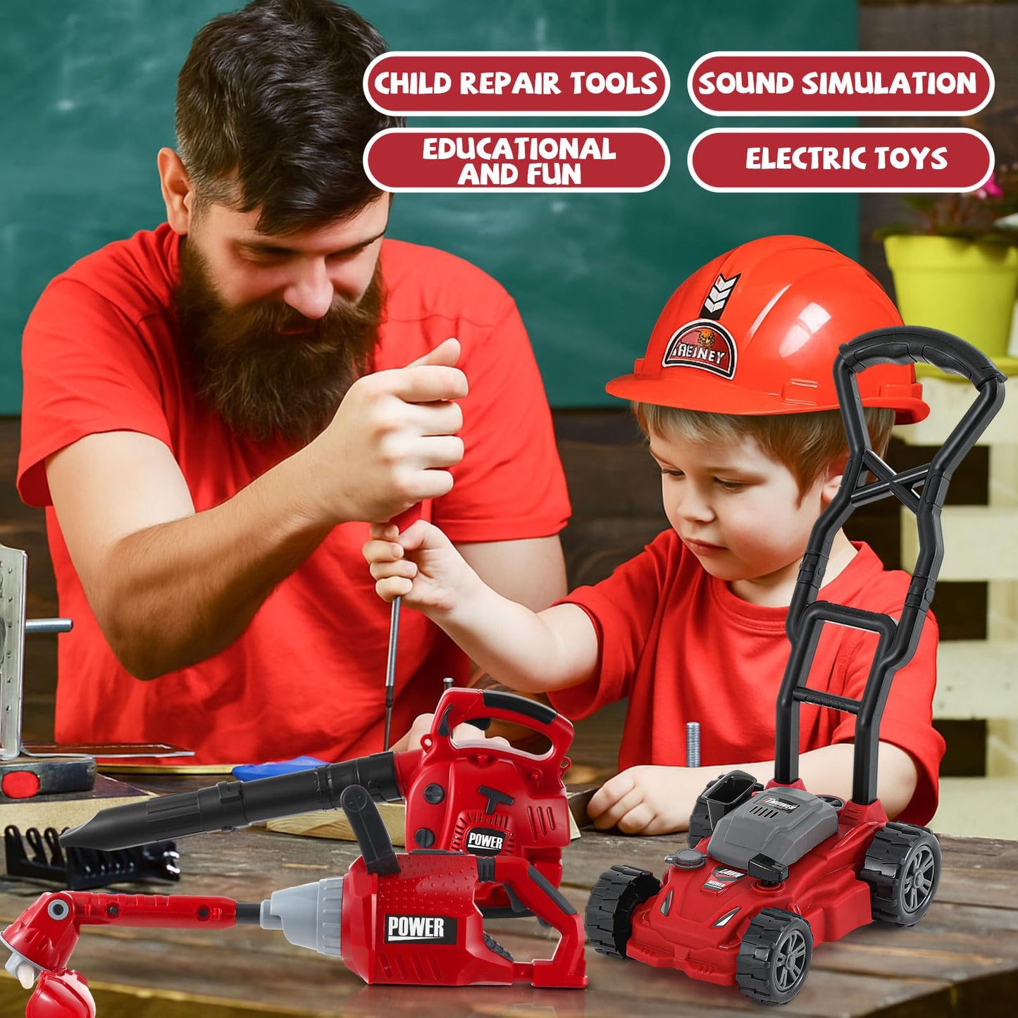 Arrowbash 4 Pcs Toy Gardening Tool Set for Kids Toy Leaf Blower Trimmer Hedge Trimmer Push Lawn Mower Battery Play Set Christmas Birthday Party Gift for Boys Girls