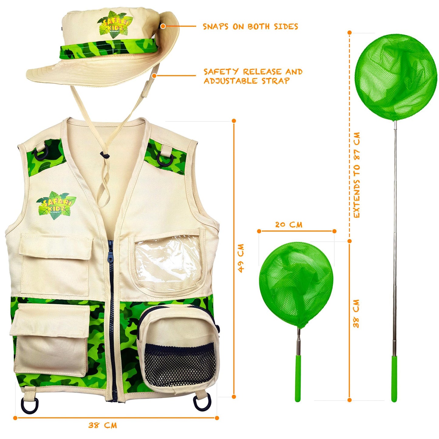 Kidz@Play Bug Hunting Kit, Vest, Hat, Binoculars, Lg. Net, Bug Container, Whistle, Flashlight, Magnifier, Thermostat, Compass (Green)