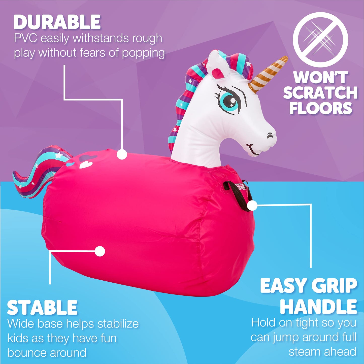 Waddle Hip Hoppers Large Bouncy Hopper Inflatable Hopping Animal Bouncer, Supports Up To 250 Pounds, Ages 5 And Up (Pink Unicorn)