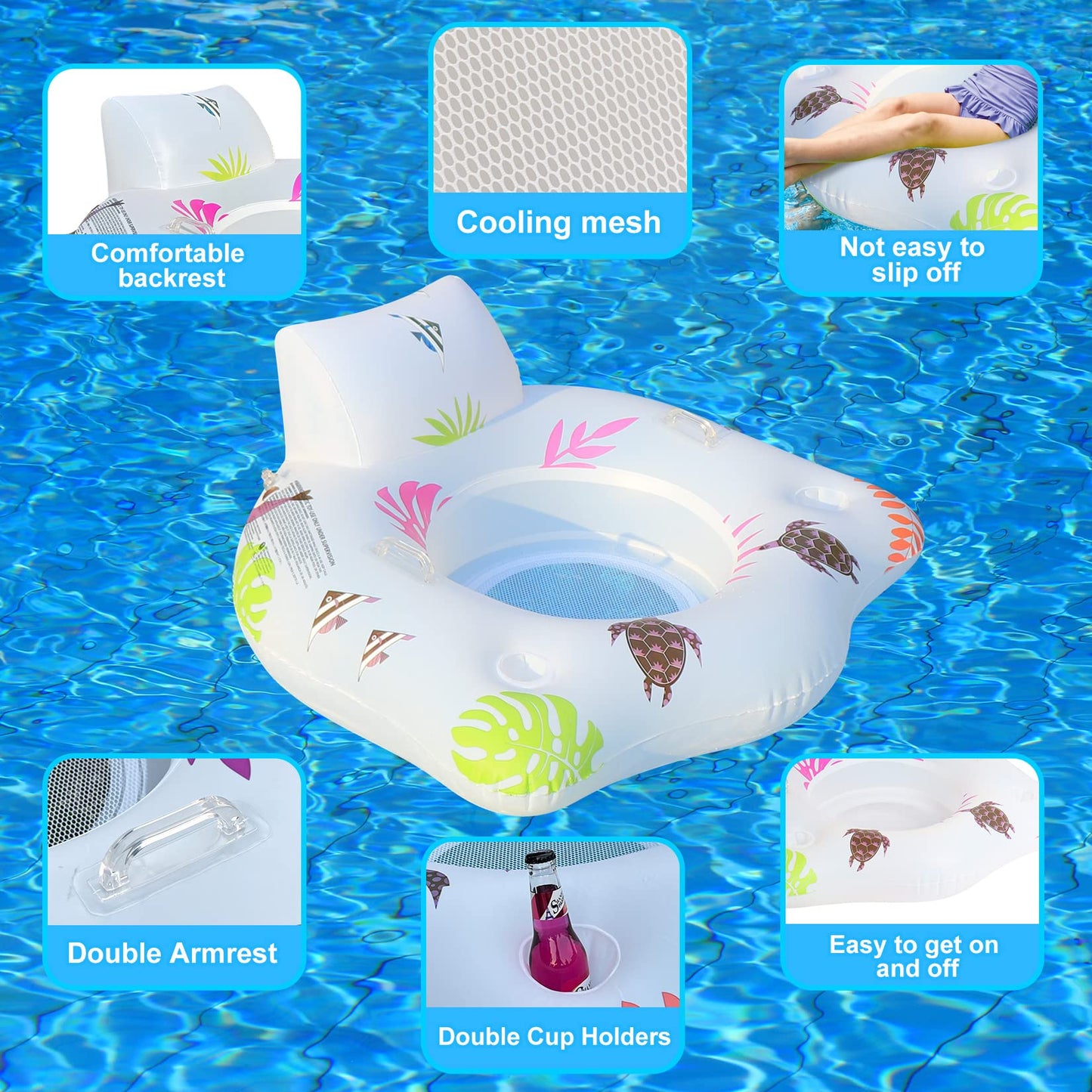 Deeprblu Inflatable Pool Floats Chair With Color Changing Light, Solar Powered Water Floats For Adults With 2 Cup Holders & 2 Ar