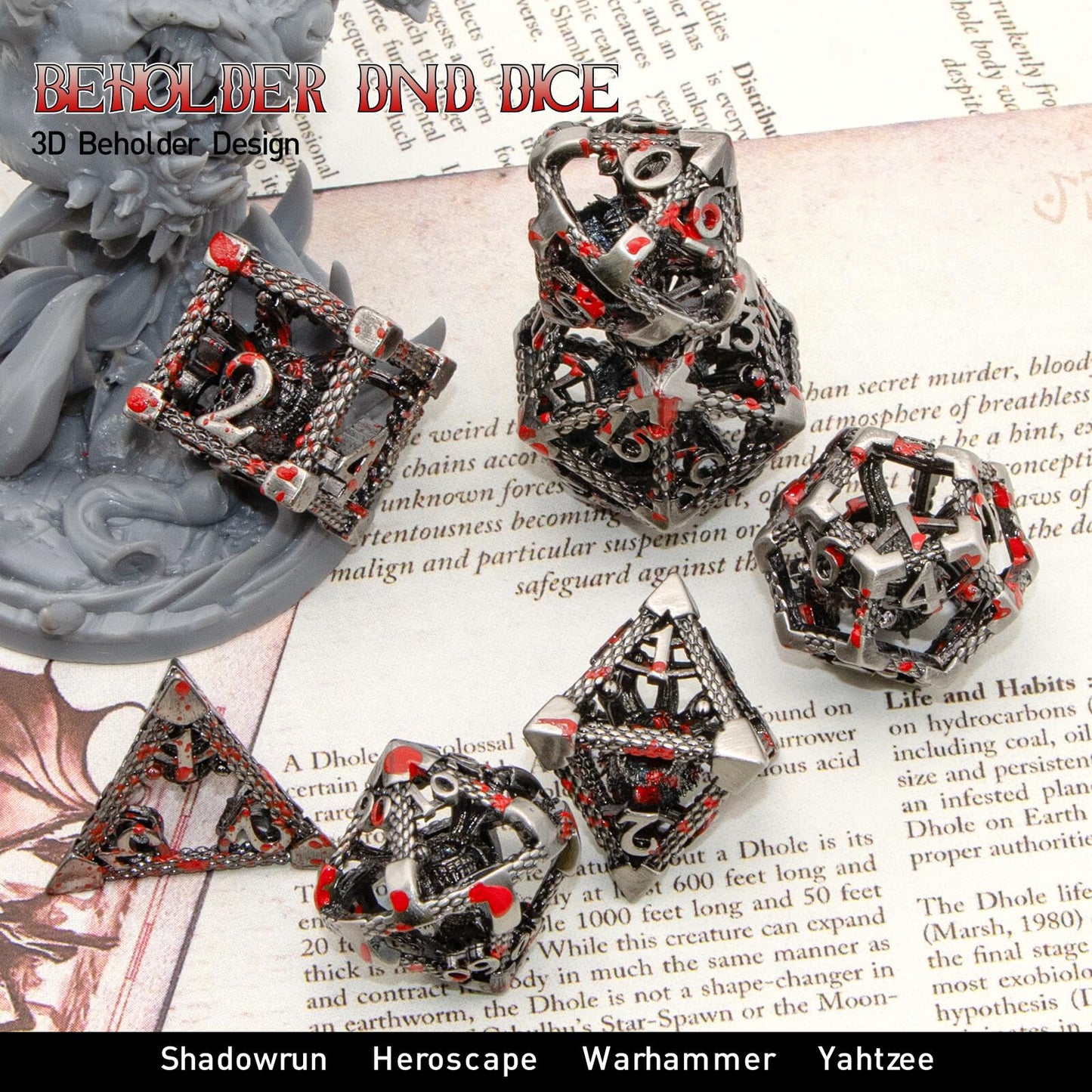 Metal Dice Set D&D, HNCCESG 7 PCS Hollow Beholder DND Dice Set for Dungeons and Dragon for RPG and Tabletop Games (Eye-SilverBlo