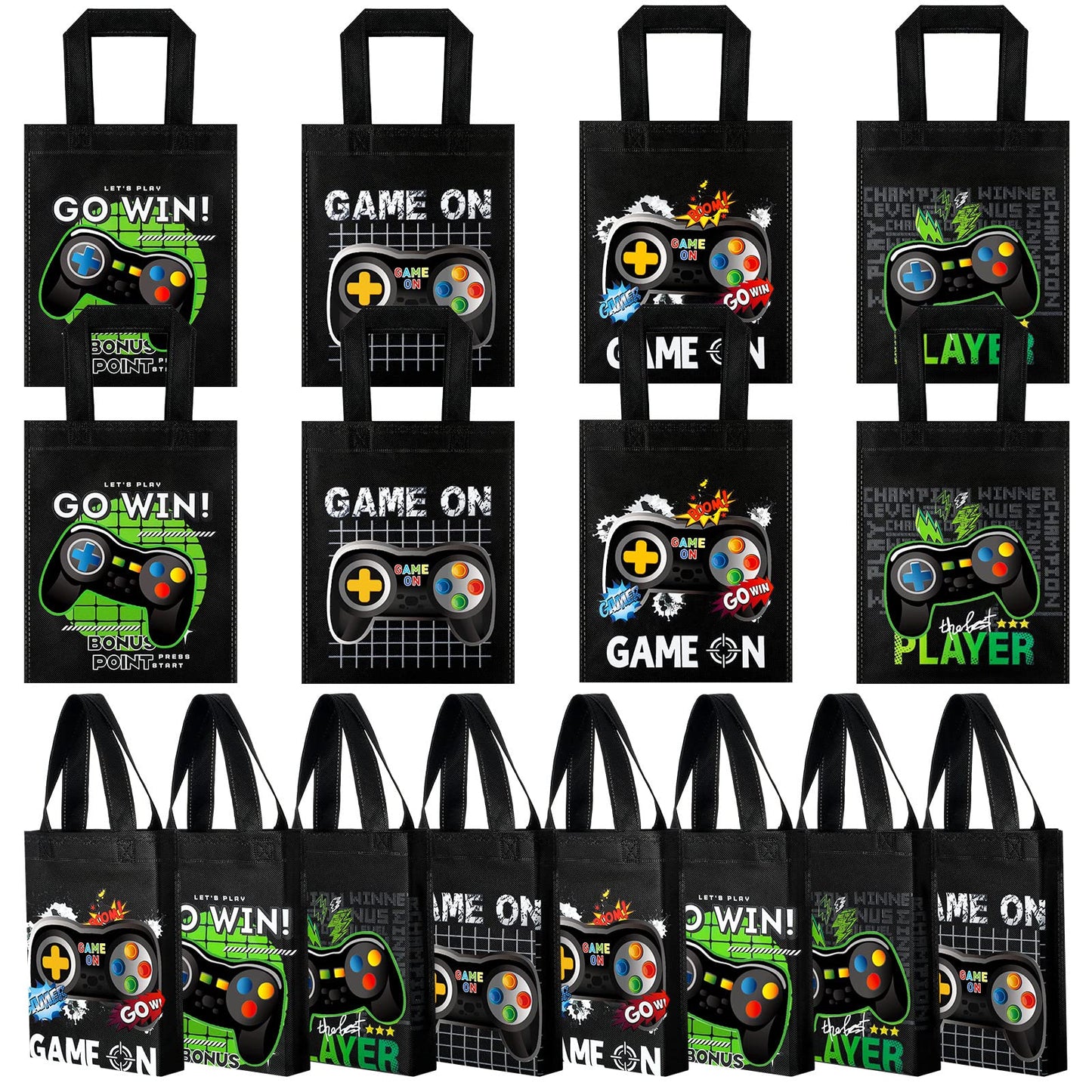 Ferraycle 24 Pack Video Game Themed Gift Bags Video Game Party Favors Non Woven Reusable Goody Treat Bags With Handles (Black An