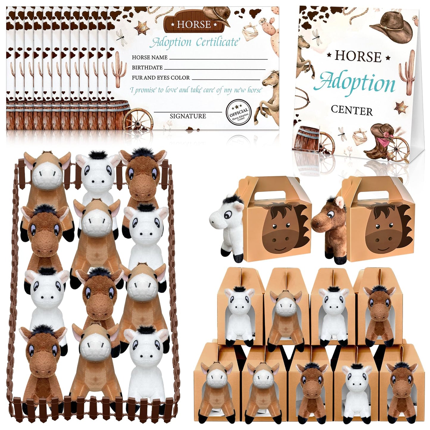 38 Pcs Horse Adopt Party Favor Include 12 4.72 Inch Horse Stuffed Animals 12 Foldable Horses Boxes 12 Adoption Certificates 1 Ad