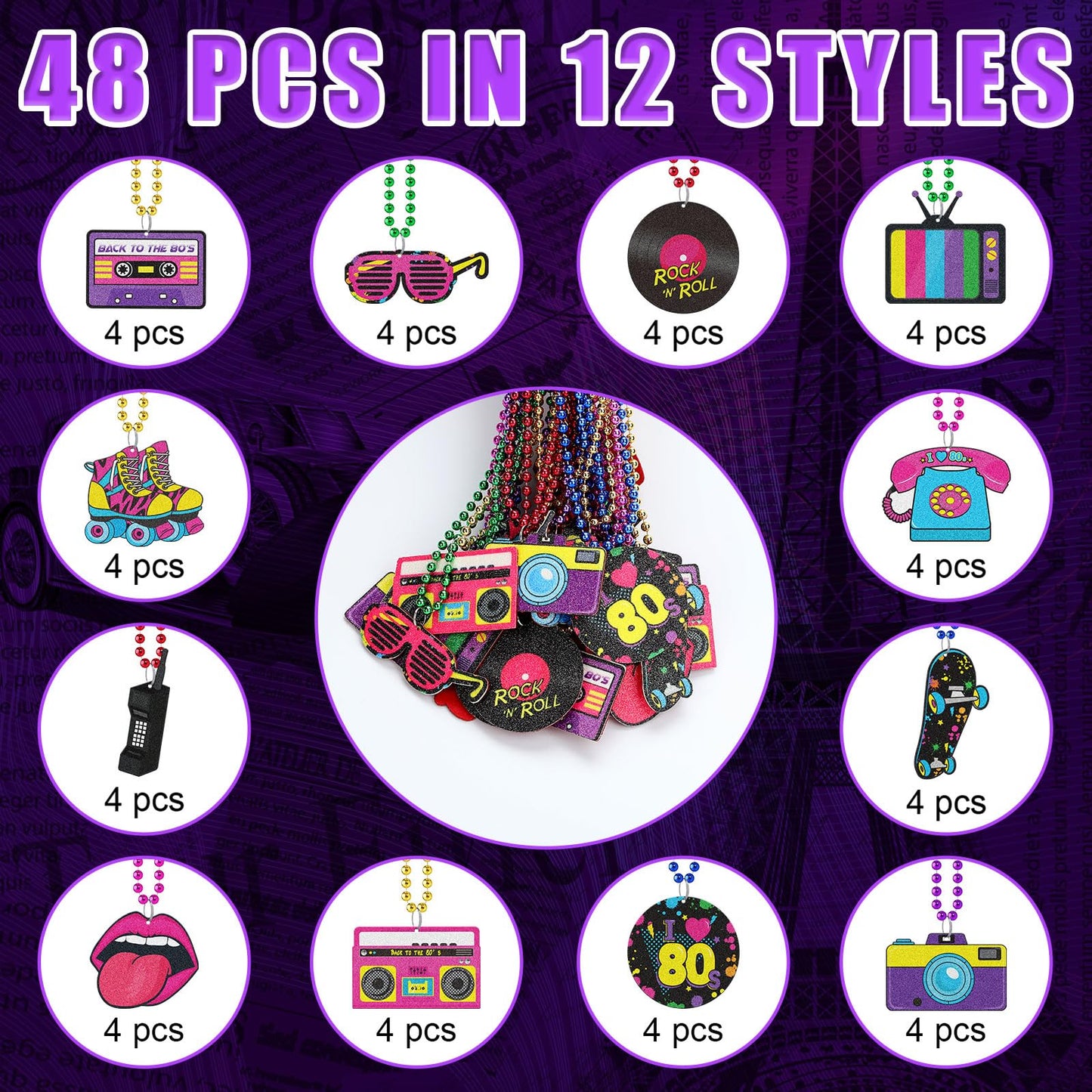 Tigeen 48 Pcs 80s Beaded Necklaces Metallic Neon Beads Retro Glow Party Disco Necklaces Bulk Colorful Rock Music Necklace for Wo