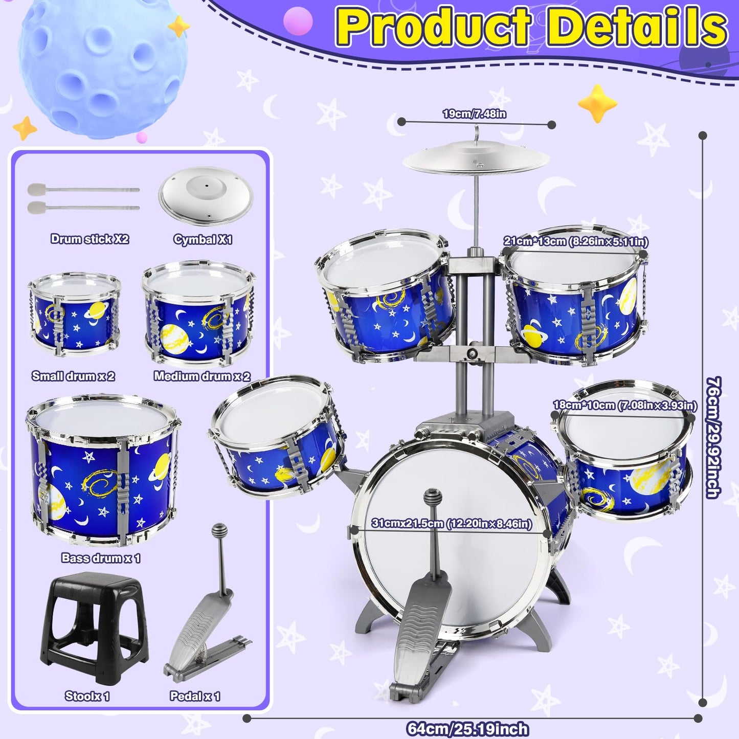 M Sanmersen Upgraded Kids Jazz Drum Set Toddler Toy Drum Set With Stool, Plastic Rock Jazz Drum Kit Musical Toys Gift For Boys Girls 1-3 3-5