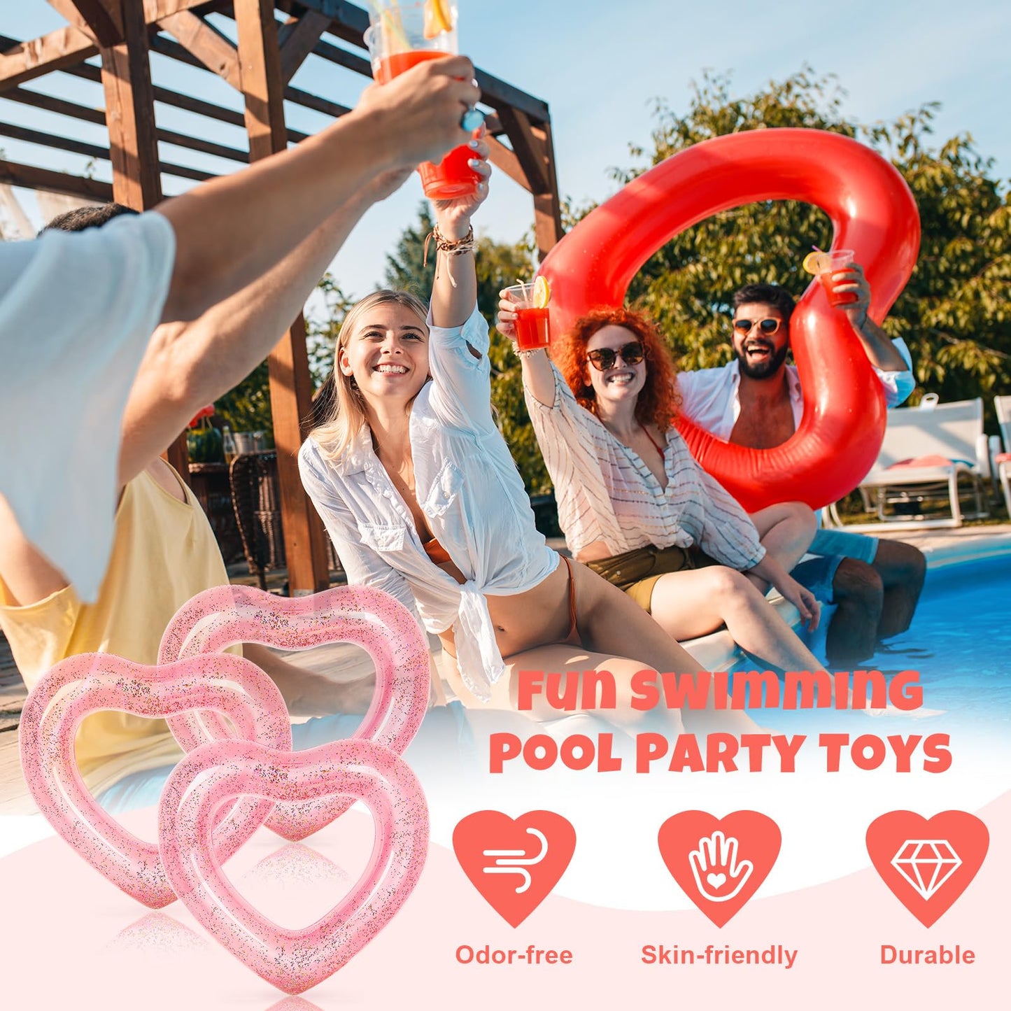Whaline 3Pcs Inflatable Heart Pool Float With Glitter Inside Rose Gold Swim Heart Shaped Pool Rings Float Loungers Tube For Summer Swimming Pool Beach Bachelorette Party, 47.3 X 39.4 Inch