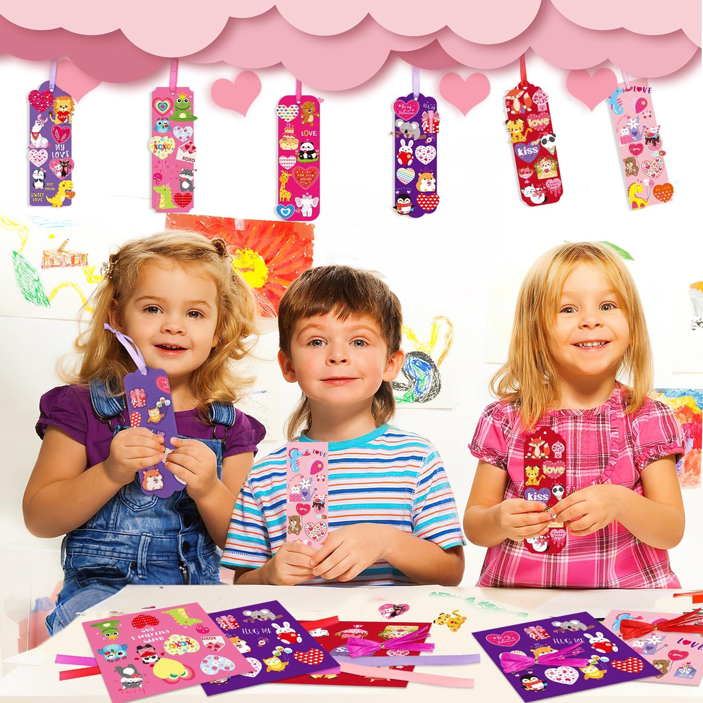 JUNEBRUSHS 30 Pack Valentines Crafts for Kids, Valentines Day Bookmarks Craft Kits with Assorted Hearts Animal Stickers for Kid