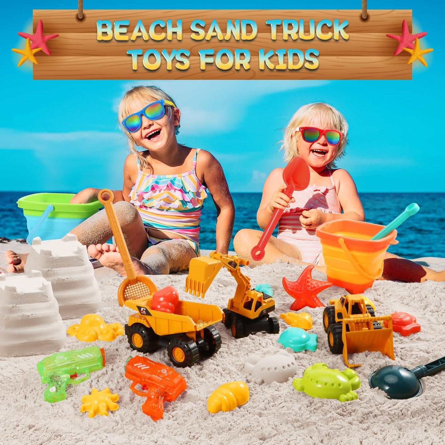 Beach Toys for Kids, 26PCS Sandbox Toys with 2 Collapsible Bucket Sand,3 Dump Truck,2 Sunglasses,Ocean Sand Molds,Mini Play Wate