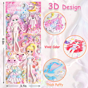 Princess Dress Up Puffy Stickers Pad For Girls Kids Make Your Own Princess Crafts Games,Reusable 3D Foam Fashion Sticker Activity Playset For Toddlers Preschoolers,Party Favors,Restickable 8 Sheets.