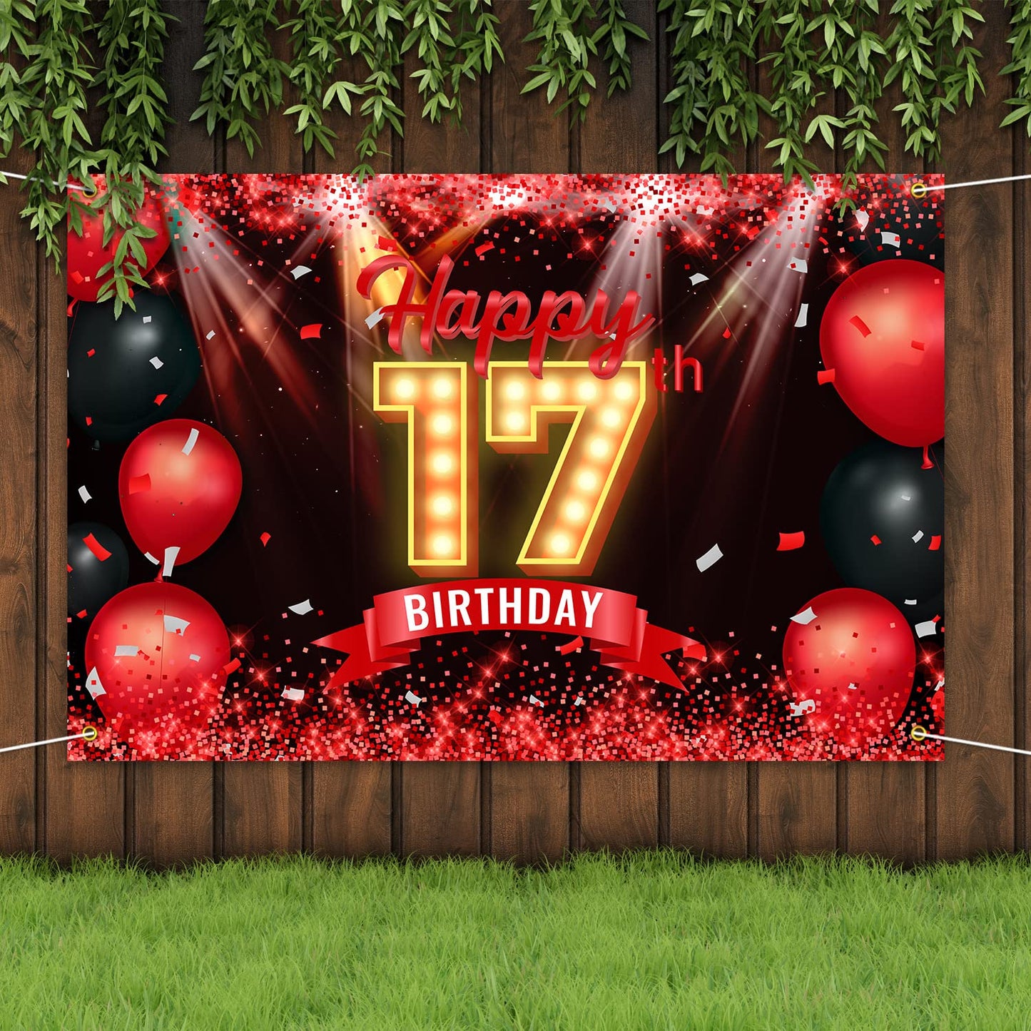 Happy 17Th Birthday Banner Backdrop Red And Black 17 Years Old Background Bday Decorations For Girls Boys Photography Party Supplies Glitter