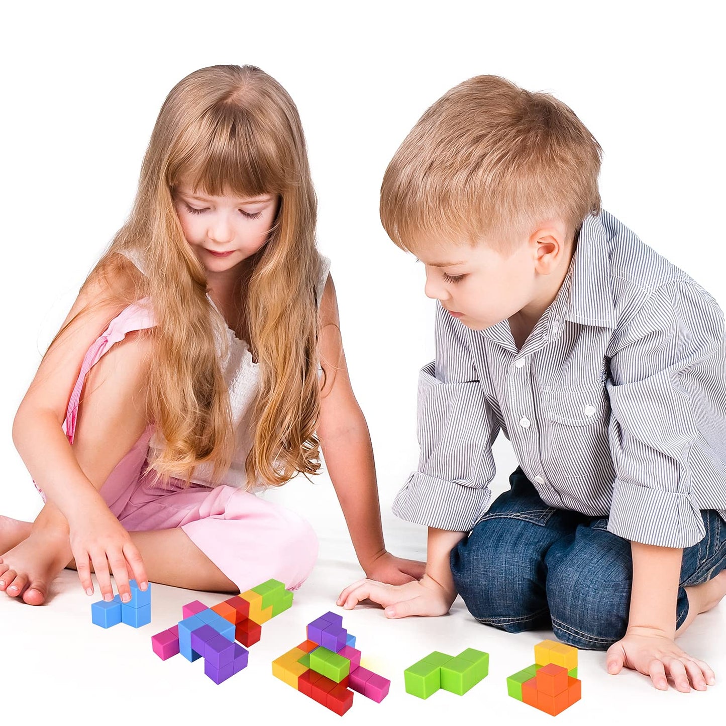 Worwoder Kids Magnetic Building Blocks Magic Magnetic 3D Puzzle Cubes, Set Of 7 Multi Shapes Magnetic Blocks With 54 Guide Cards, Intelligence Developing And Stress Relief Fidget Toys For Kids(Pink)