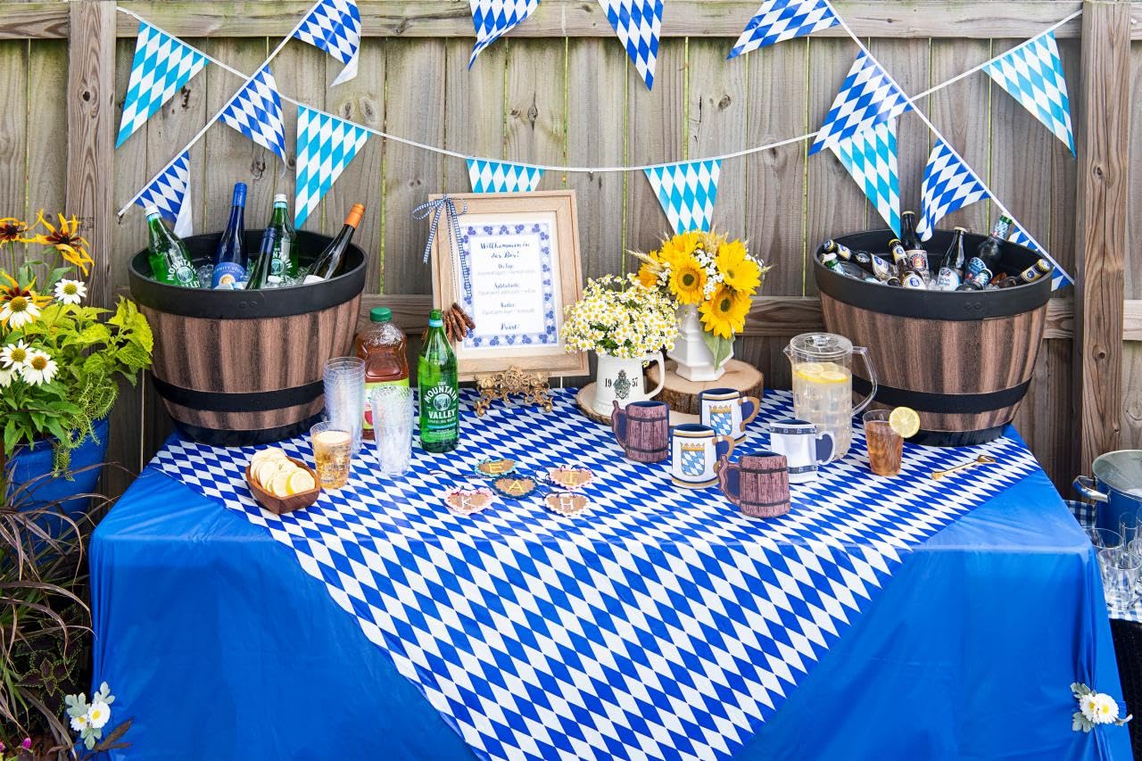 3Pcs Blue & White Checkered Table Cloths For Oktoberfest Wonderland Tea Party Supplies, Rectangle Plastic Tablecover 54 X 108In