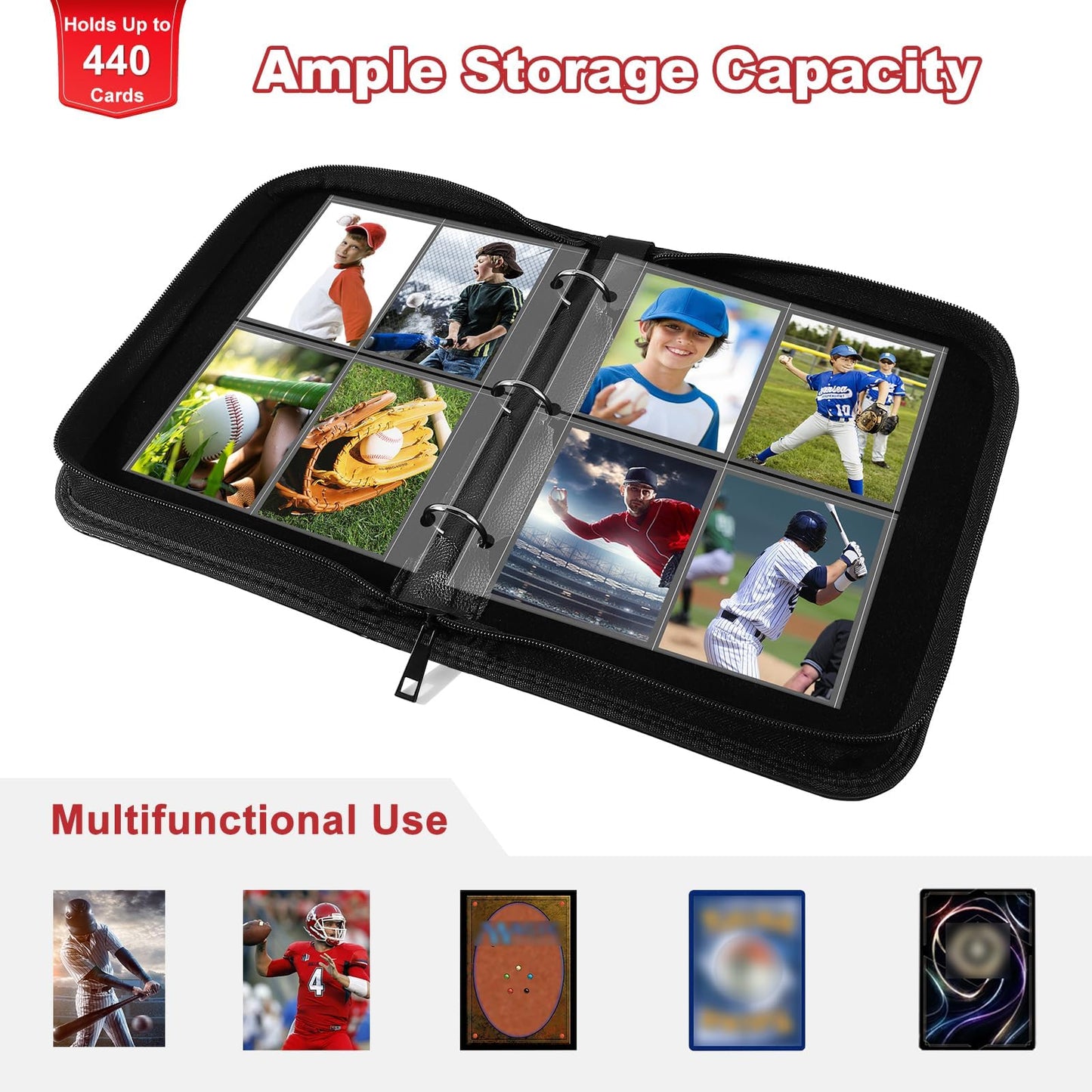 Baseball Card Binder 440 Pocket, Trading Card Binder With Toploaders Card Display, Premium Baseball Card Holder With Baseball Pa