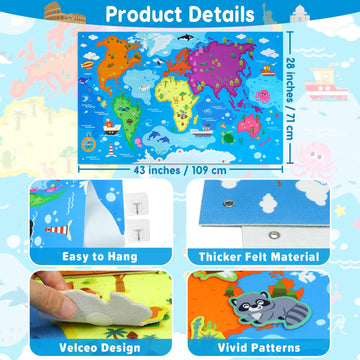Taika World Felt Set, Felt World Map with World Famous Sights, Educational Play Mat Flannel Board Set, 43x28 inch Preschool Lear