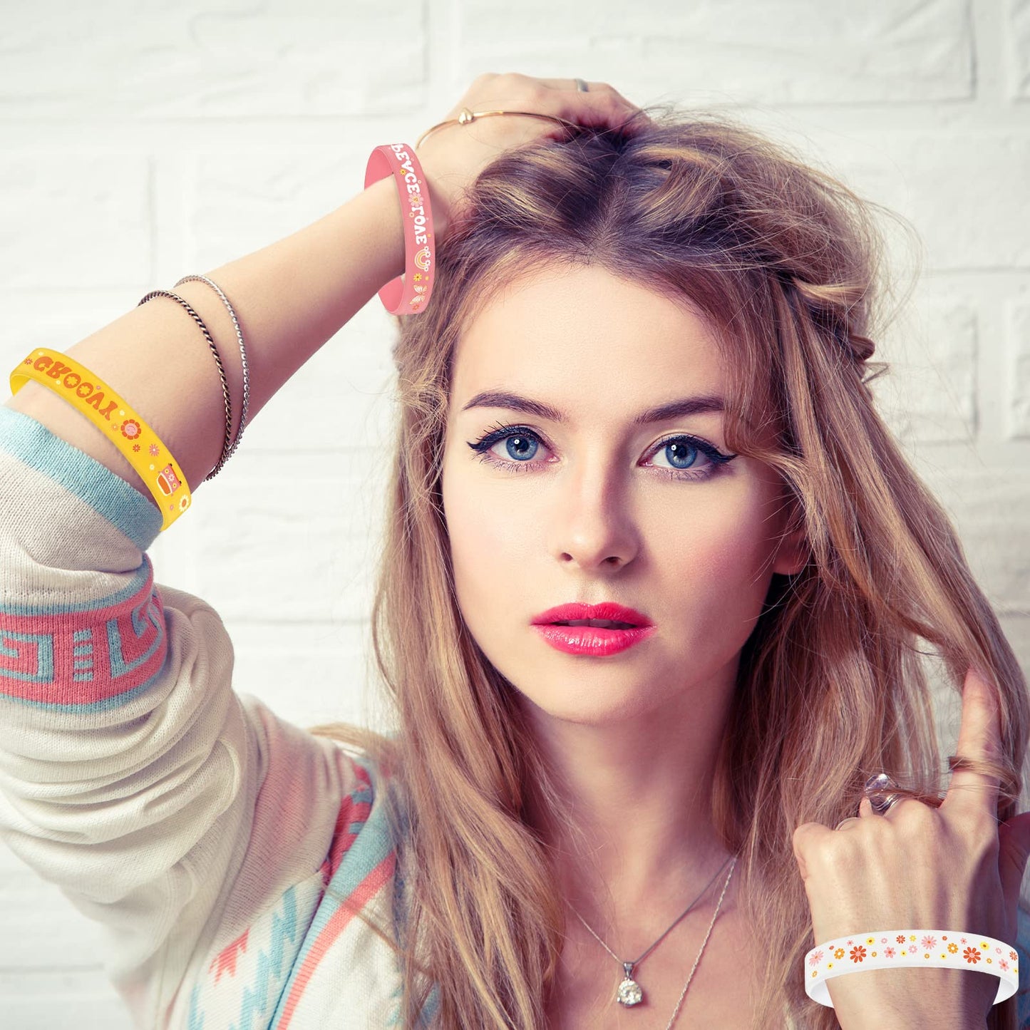Sasylvia Hippie Boho Silicone Bracelets Groovy Retro Wristbands Hippie Rainbow Bracelets Daisy Flower Peace And Love Wristbands