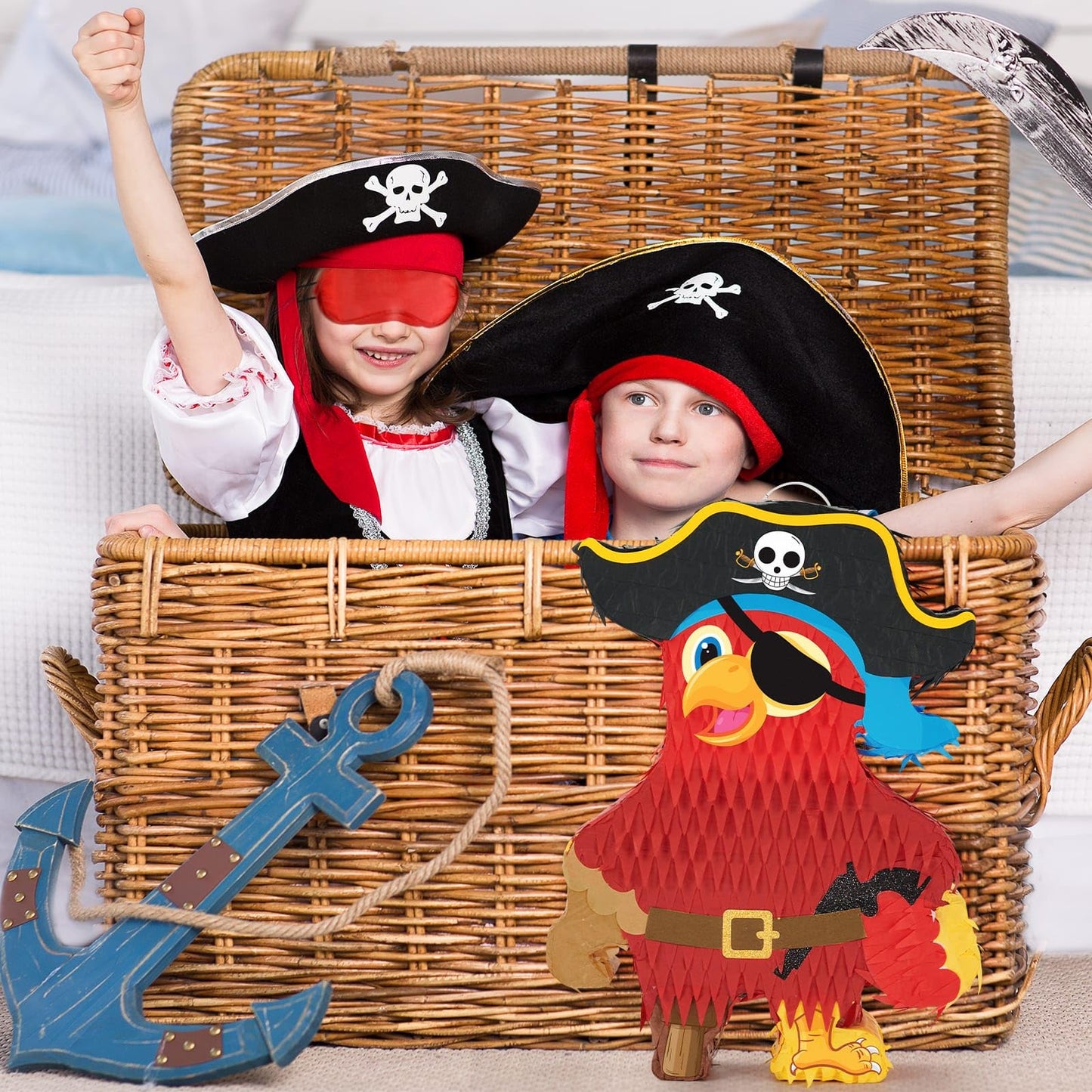 Wernnsai Pirate Piata - Pirate Parrot Piata with Blindfold and Bat for Boys Birthday Party Adventure Theme Decorations