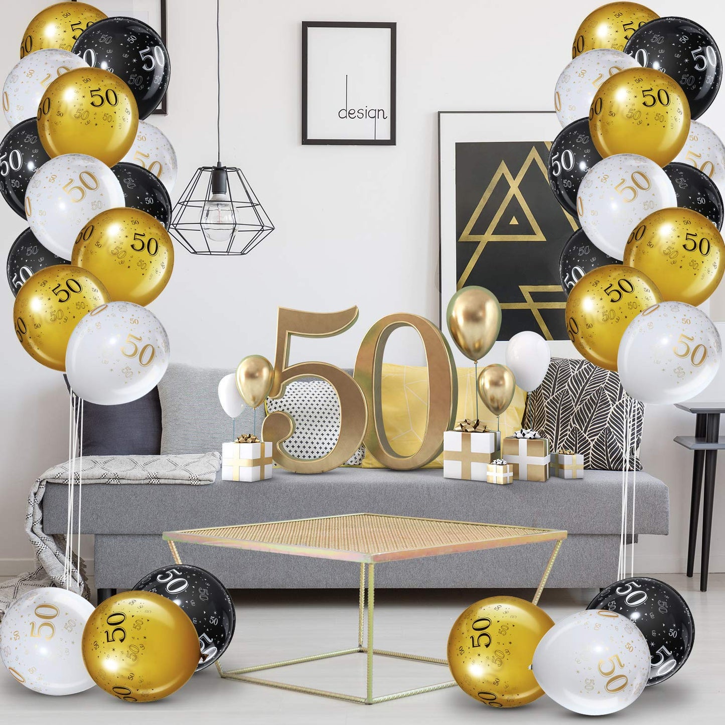 45 Piece 12 Inch Birthday Party Latex Balloons Birthday Anniversary Party Decoration White Gold Black Theme Party Balloon For Birthday Party Supplies Indoor Outdoor Decor (50Th)