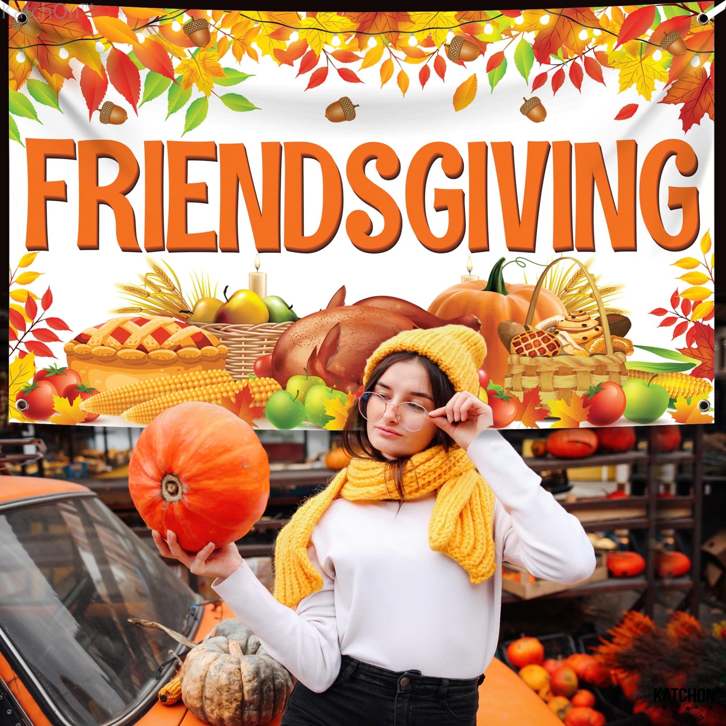 Katchon, Friendsgiving Backdrop - Xtralarge, 72X44 Inch | Friendsgiving Photo Backdrop For Friendsgiving Party Decorations | Happy Friendsgiving Banner For Happy Friendsgiving Decorations For Party