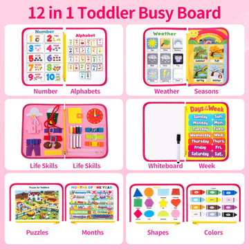 12-page Busy Board Montessori Toddler Toys for 1 2 3 4 Years Old, Busy Book for Toddlers 1-3 Girl Birthday Gift, 24 in 1 Activit