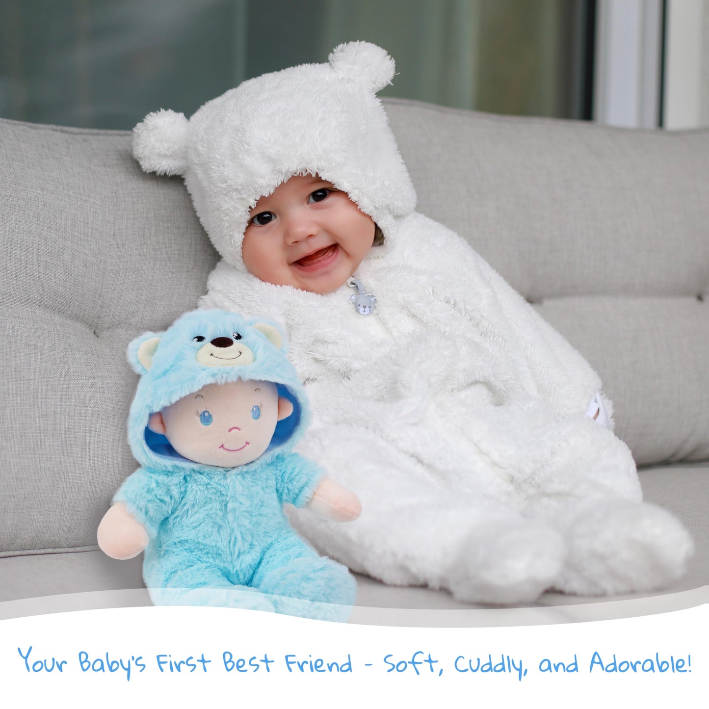 June Garden 12'' Sweet Dolly Fuzzy - Stuffed Ultra Soft Baby Bear Doll For Birth And Up - Removable Blue Outfit