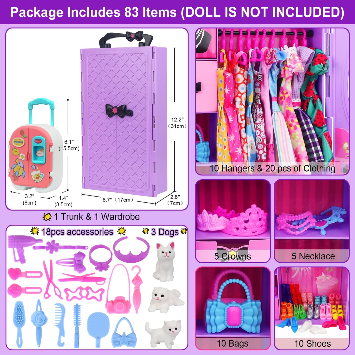 K.T. Fancy 83 Pcs Dolls & Accessories With Doll Closet Wardrobe For 11.5 Inch Doll Dress Up Set Including Wardrobe Shoes, Wallet, Dress Hangers, Brush, Necklace, Pet And Other Accessories